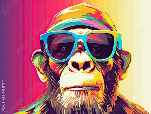 Chimpanzee in sunglasses close-up. Portrait of a chimpanzee. Anthopomorphic creature. Fictional character for advertising and marketing. Humorous character for graphic design. © Login