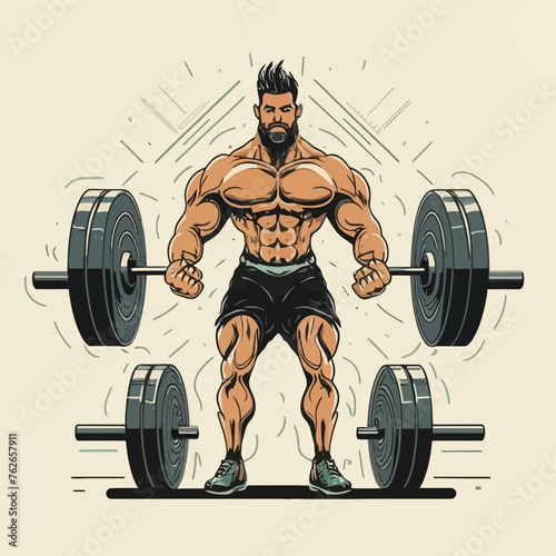 red white black modern style minimalist lines of a strong muscle pose strong body builder anatomy man at gym with bundle Doing exercises in all body positions using different gym equipment