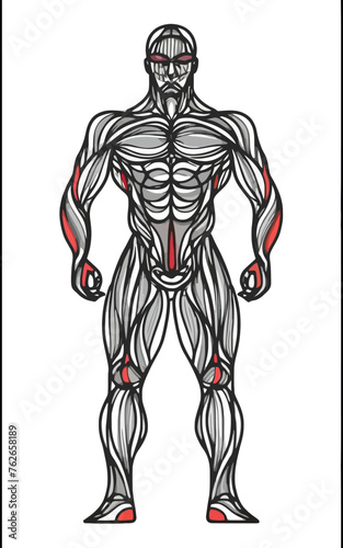 red white black modern style minimalist lines of a strong muscle pose strong body builder anatomy man at gym with bundle Doing exercises in all body positions using different gym equipment