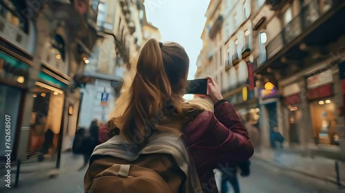 A young woman taking pictures on her smartphone of a  beautiful busy old town photo