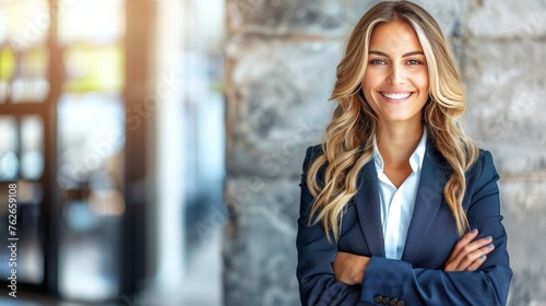 Confident professional businesswoman smiling happily in blurred background with copy space
