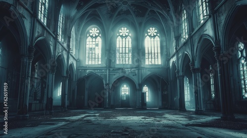 Mysterious gothic church interior with fog and light streaming through windows.