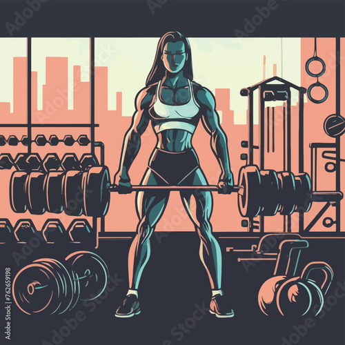 red white black modern style minimalist lines of a strong muscle pose strong body builder anatomy man at gym with bundle Doing exercises in all body positions using different gym equipment