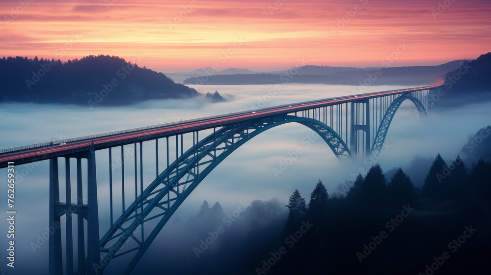 Bridge over forest with fog - obrazy, fototapety, plakaty 