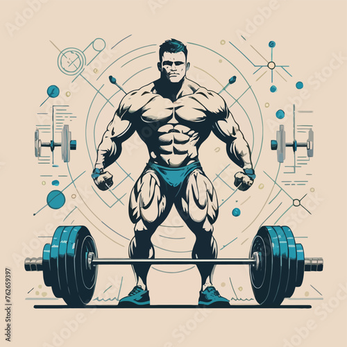 red white black modern style minimalist lines of a strong muscle pose strong body builder anatomy man at gym with bundle Doing exercises in all body positions using different gym equipment