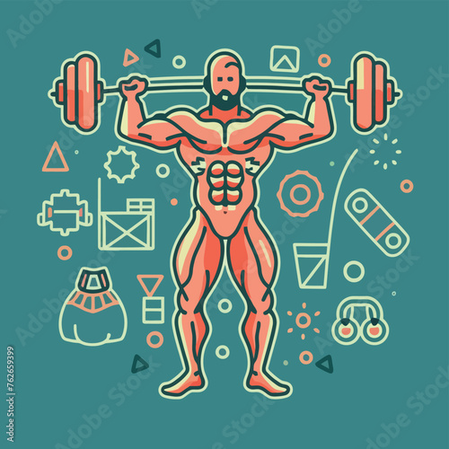 red white black modern style minimalist lines of a strong muscle pose strong body builder anatomy man at gym with bundle Doing exercises in all body positions using different gym equipment