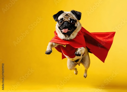 Funny Super Bug dog wearing red and yellow background © Peacock