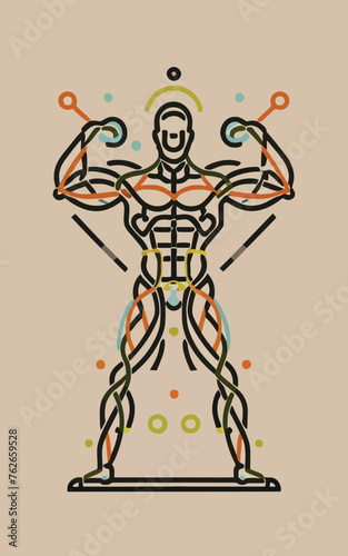 red white black modern style minimalist lines of a strong muscle pose strong body builder anatomy man at gym with bundle Doing exercises in all body positions using different gym equipment