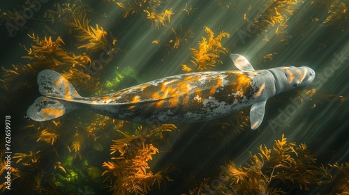 A photo depicts a fish swimming amidst aquatic plants while sunbeams filter through the water