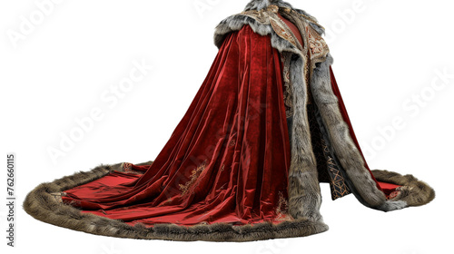 A woman in a flowing red gown gracefully poses in a fur cape, embodying elegance and luxury