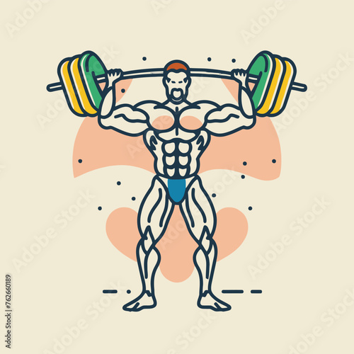 red white black modern style minimalist lines of a strong muscle pose strong body builder anatomy man at gym with bundle Doing exercises in all body positions using different gym equipment