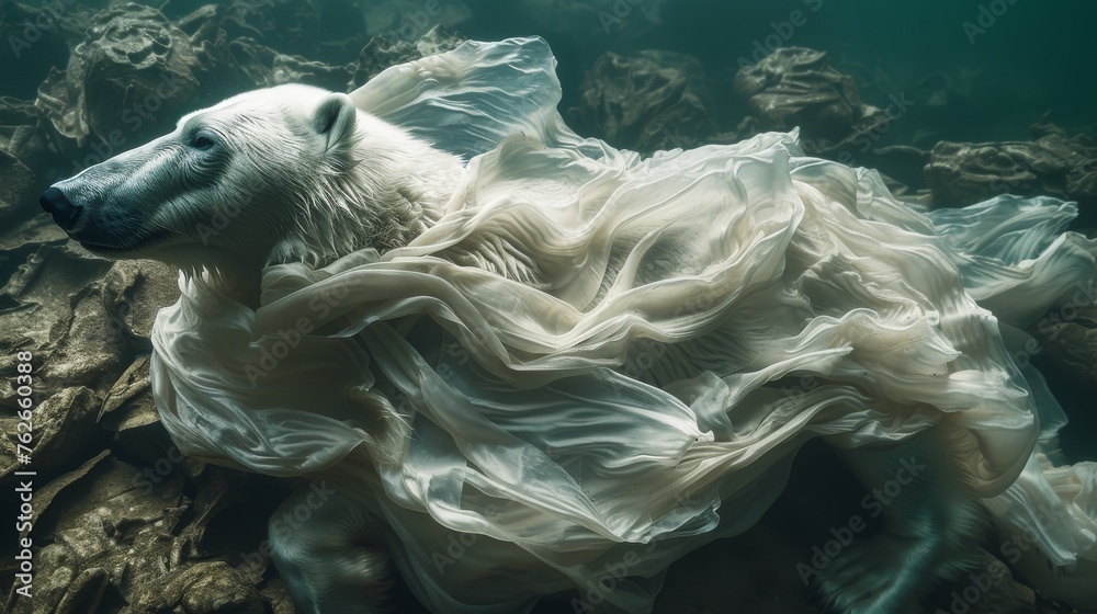  A white polar bear resting atop a rocky mound submerged in water, adorned with a trailing dress - obrazy, fototapety, plakaty 