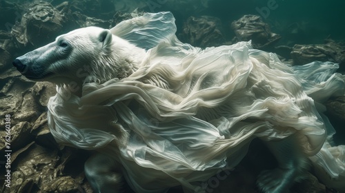  A white polar bear resting atop a rocky mound submerged in water, adorned with a trailing dress