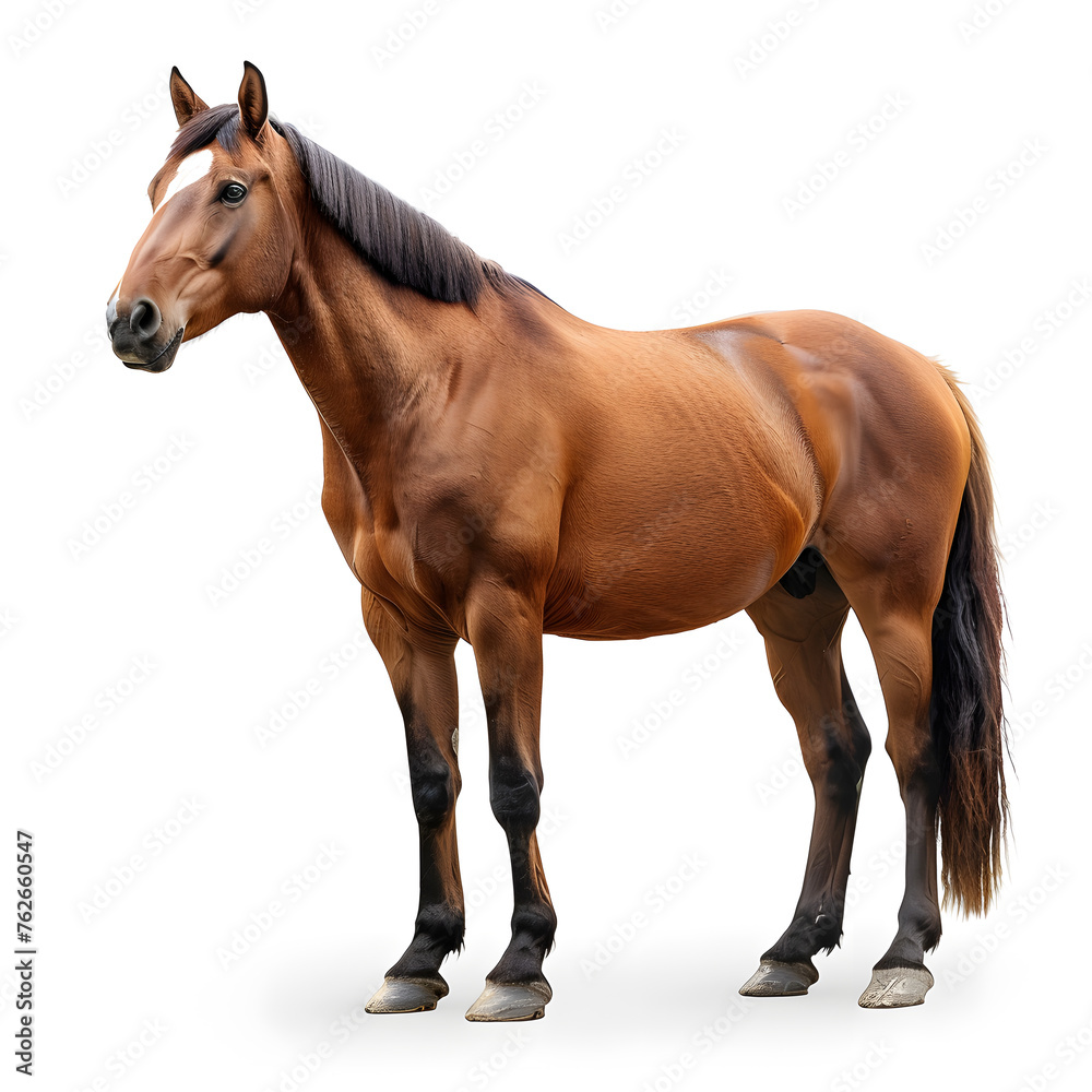 Obraz premium A sorrel horse, a working animal and livestock, with a mane, standing on a white background. It is a terrestrial animal and can be used as a pack animal or as a toy animal figure