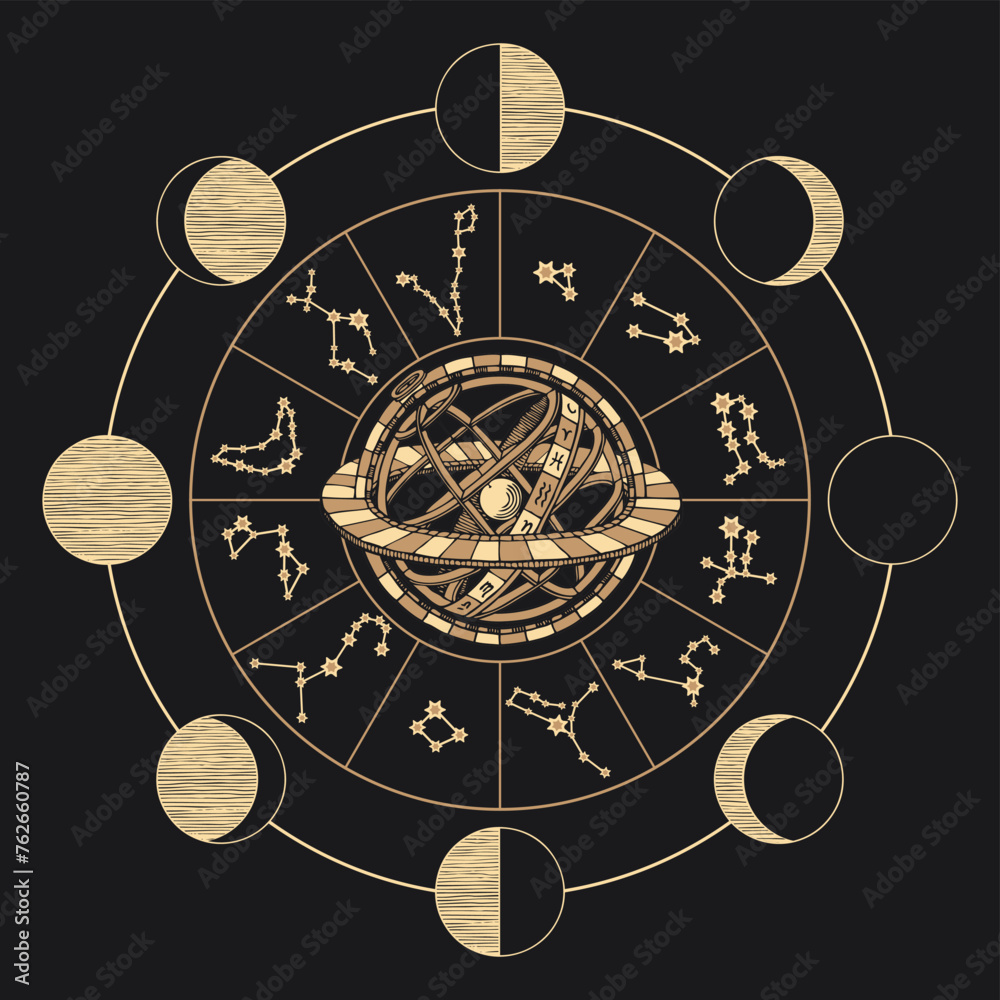 Obraz na plátně Vector circle of the Zodiac signs with constellations, moon phases and Ptolemaic Geocentric System on a black background