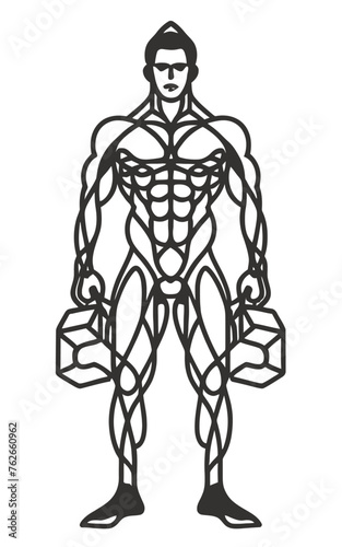 red white black modern style minimalist lines of a strong muscle pose strong body builder anatomy man at gym with bundle Doing exercises in all body positions using different gym equipment