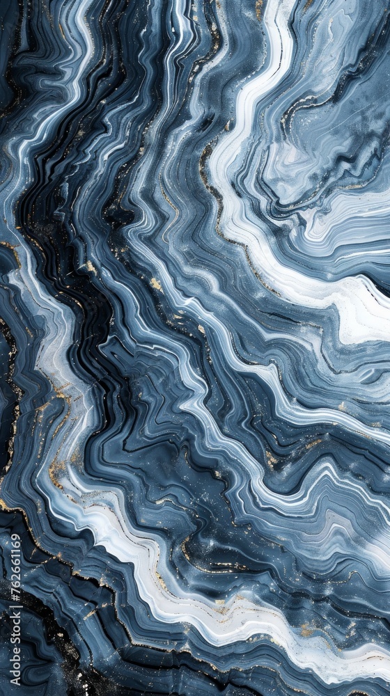 Elegant abstract marble waves with a blend of gray, blue, and white stripes, creating a soothing ripple pattern for a serene backdrop.