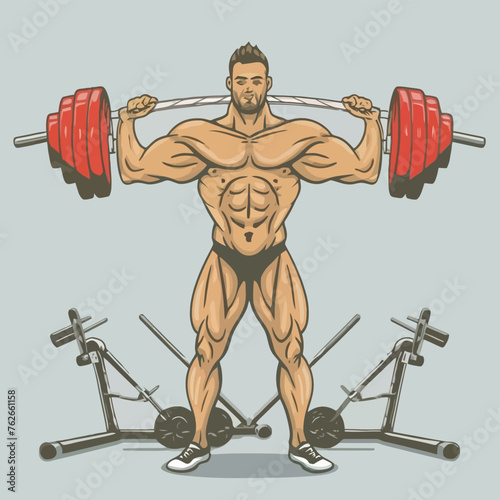 red white black modern style minimalist lines of a strong muscle pose strong body builder anatomy man at gym with bundle Doing exercises in all body positions using different gym equipment