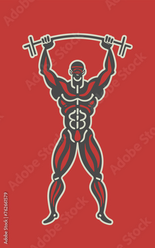 red white black modern style minimalist lines of a strong muscle pose strong body builder anatomy man at gym with bundle Doing exercises in all body positions using different gym equipment