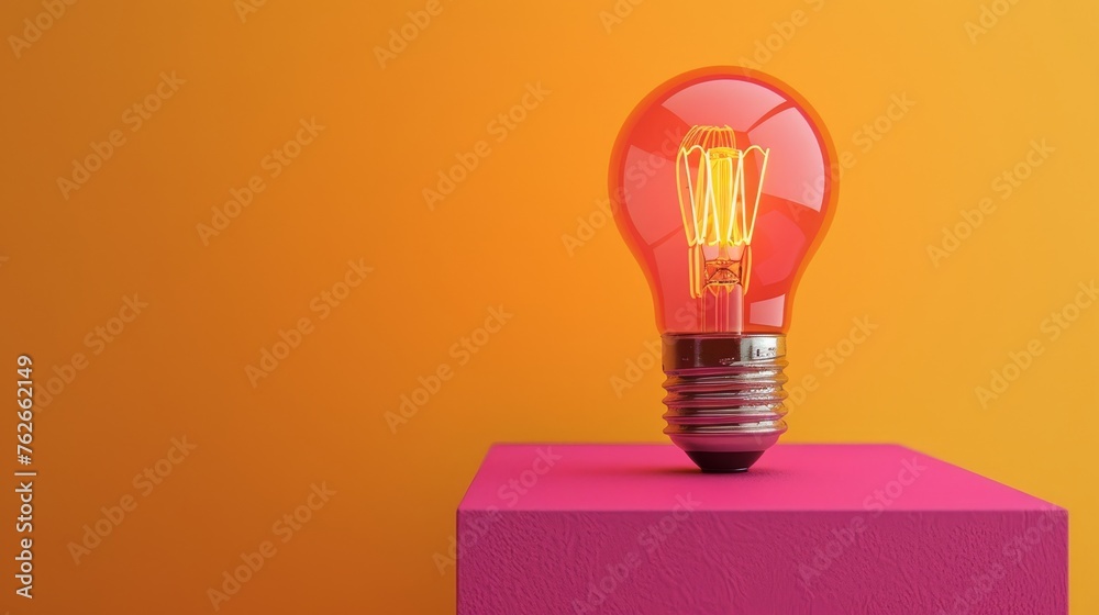 Glowing light bulb on block with text space on solid background for versatile messaging Glowing light bulb on block with text space on solid background for versatile messaging