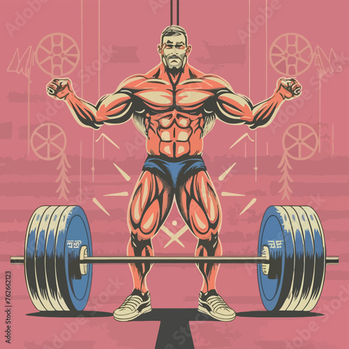 red white black modern style minimalist lines of a strong muscle pose strong body builder anatomy man at gym with bundle Doing exercises in all body positions using different gym equipment