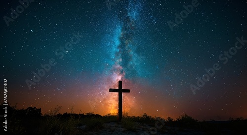 Cross in Field Under Night Sky