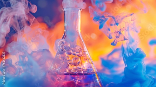 Wisps of vapor rise from a beaker as a chemical reaction unfolds, creating a mesmerizing display of colors.
