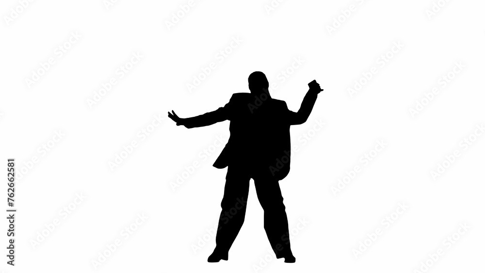 Business woman in formal outfit walking and dancing. Front view. Black silhouette on a white isolated background.