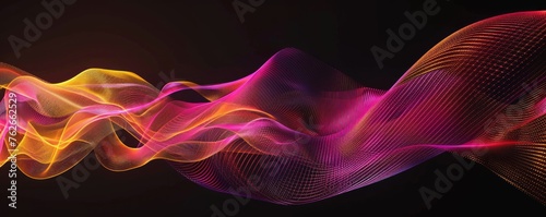 Magical neon swirl of yellow and pink striped waves on a black background, creating a captivating abstract.
