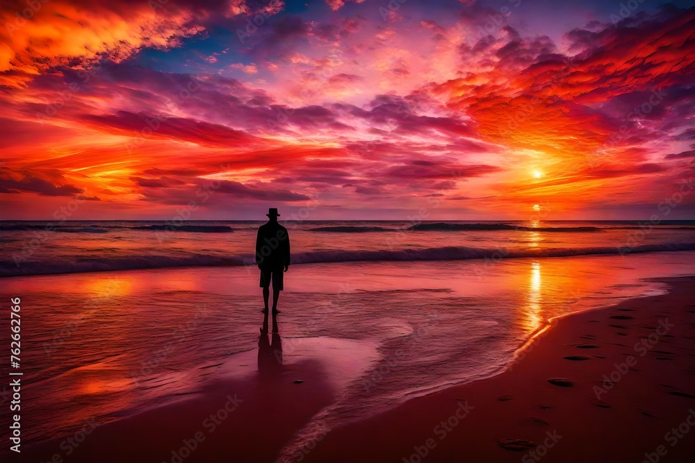 silhouette of a person on the beach at sunset silhouette of a person on the beach at sunset