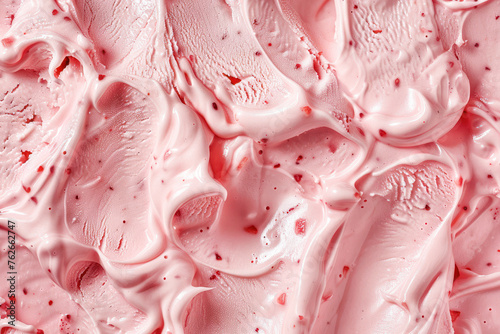 Close-Up of Strawberry Ice Cream Texture. A high-resolution close-up image of strawberry ice cream, showcasing its creamy texture and specks of real fruit. 