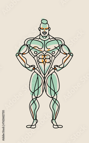 red white black modern style minimalist lines of a strong muscle pose strong body builder anatomy man at gym with bundle Doing exercises in all body positions using different gym equipment