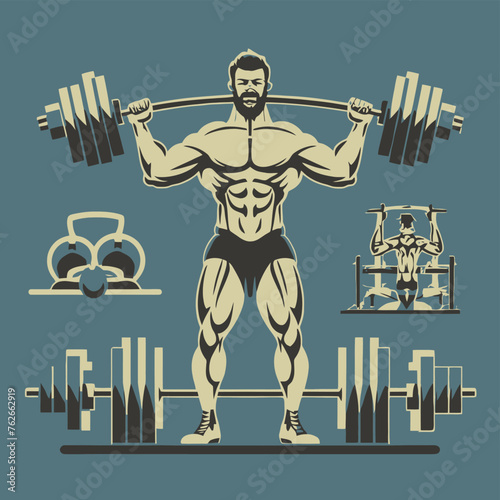 red white black modern style minimalist lines of a strong muscle pose strong body builder anatomy man at gym with bundle Doing exercises in all body positions using different gym equipment