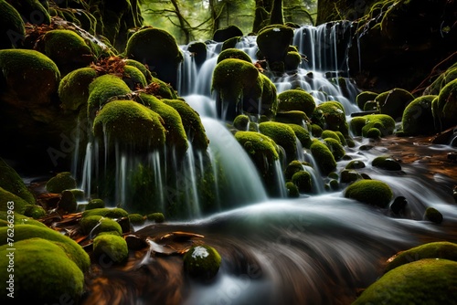 A close-up shot of the water droplets splashing against moss-covered rocks, capturing the intricate details of the cascading waterfall