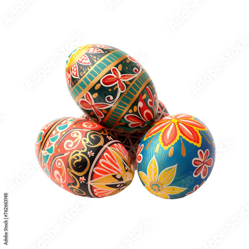 set of colorful easter eggs with intricate ornaments on a transparent background, traditional Ukrainian design