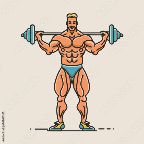 red white black modern style minimalist lines of a strong muscle pose strong body builder anatomy man at gym with bundle Doing exercises in all body positions using different gym equipment