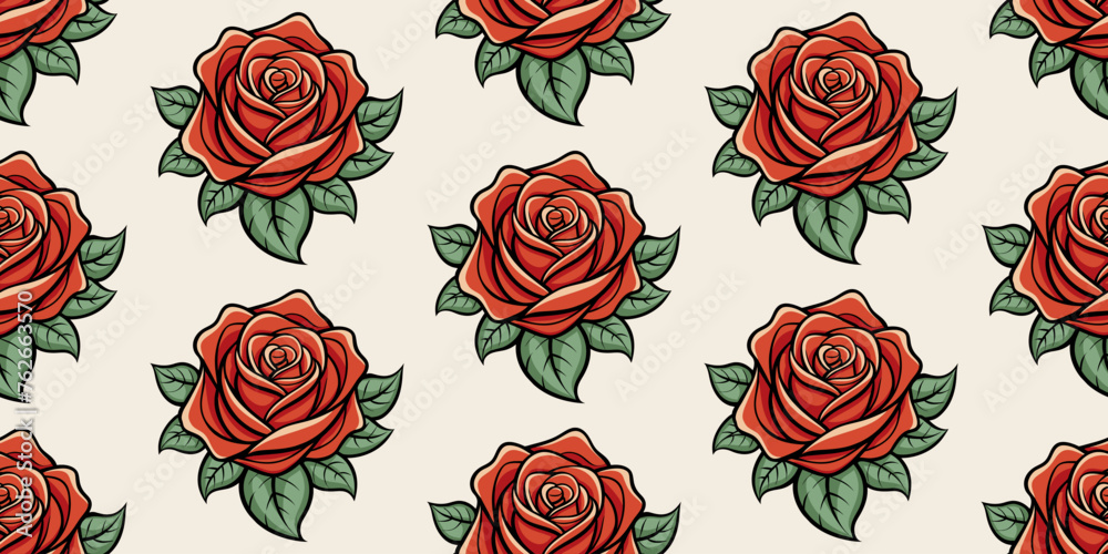 custom made wallpaper toronto digitalElegant seamless pattern of stylized red roses with green leaves on a beige background. Seamless hand drawn rose pattern background. For textile, wallpaper, and crafting projects. Vector illustration.