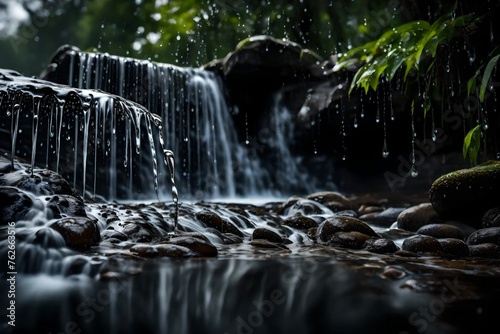 A slow-motion shot of the water droplets cascading down, capturing the intricate details and delicate beauty of the waterfall