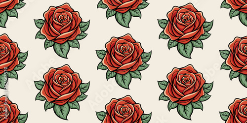 Wallpaper Mural Elegant seamless pattern of stylized red roses with green leaves on a beige background. Seamless hand drawn rose pattern background. For textile, wallpaper, and crafting projects. Vector illustration. Torontodigital.ca