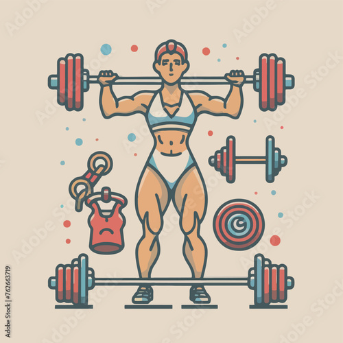 red white black modern style minimalist lines of a strong muscle pose strong body builder anatomy man at gym with bundle Doing exercises in all body positions using different gym equipment
