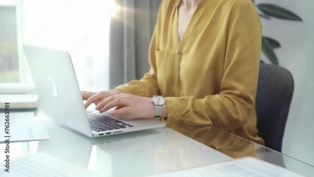 Young professional woman is working with laptop in modern office. Yellow blouse is passing to adult businesswoman. Flying to success concept Young professional woman is working with laptop in modern office. Yellow blouse is passing to adult businesswoman. Flying to success concept