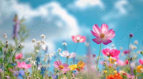 Bursting Field of Colorful Flowers Under Blue Sky