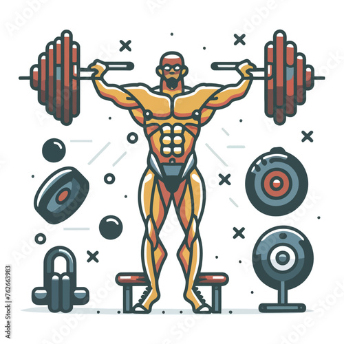 red white black modern style minimalist lines of a strong muscle pose strong body builder anatomy man at gym with bundle Doing exercises in all body positions using different gym equipment