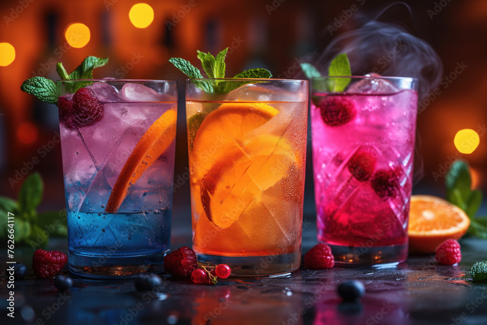 Refreshing alcoholic colorful fruit cocktails with ice, mint and berries on a bar counter, night club party with soft drinks