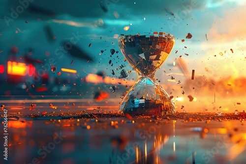 Hourglass broken into pieces. The concept of time passing. Hourglass on the sand in the desert. Shattered hourglass pouring lines of code instead of sand. The fragmented glass and floating code.