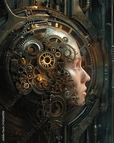 Conceptual image of Steampunk human head made of gears and cogwheels. Woman head partially transformed into a metallic vault, with gears and intricate mechanisms exposed. 