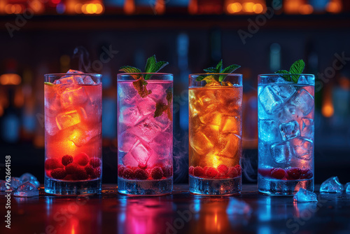 Refreshing alcoholic colorful fruit cocktails with ice, mint and berries on a bar counter, night club party with soft drinks