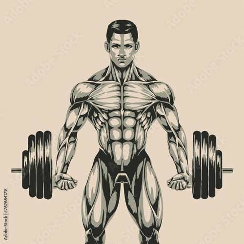red white black modern style minimalist lines of a strong muscle pose strong body builder anatomy man at gym with bundle Doing exercises in all body positions using different gym equipment