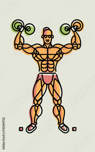 red white black modern style minimalist lines of a strong muscle pose strong body builder anatomy man at gym with bundle Doing exercises in all body positions using different gym equipment