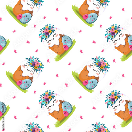 Easter kulich with a wreath of flowers. On light background for cards, banners, textiles. Vector illustration.